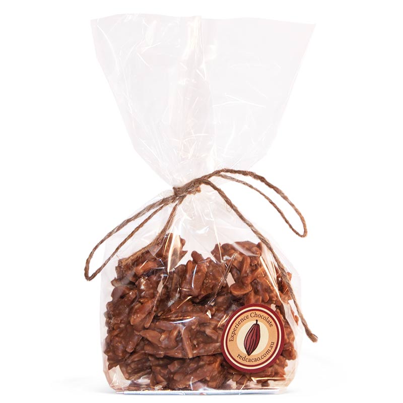A crunchy chocolate coated almond snack